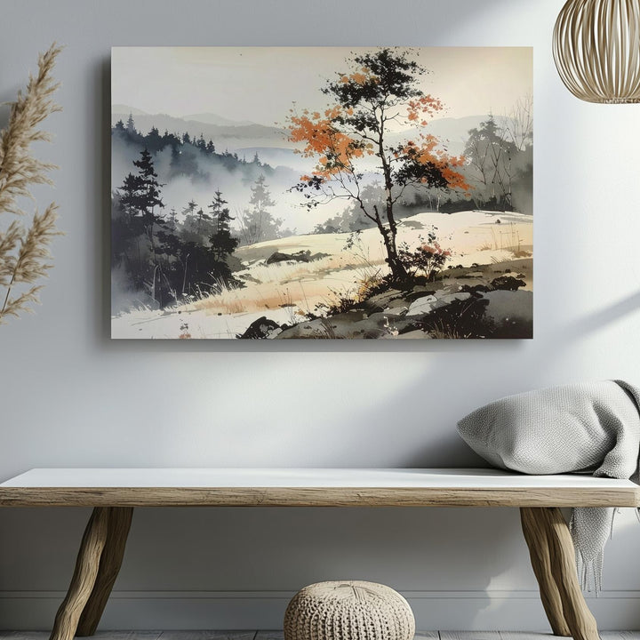 Wabi-Sabi Tree Canvas – Minimalist Ink Landscape with Autumn Foliage - Gifitto