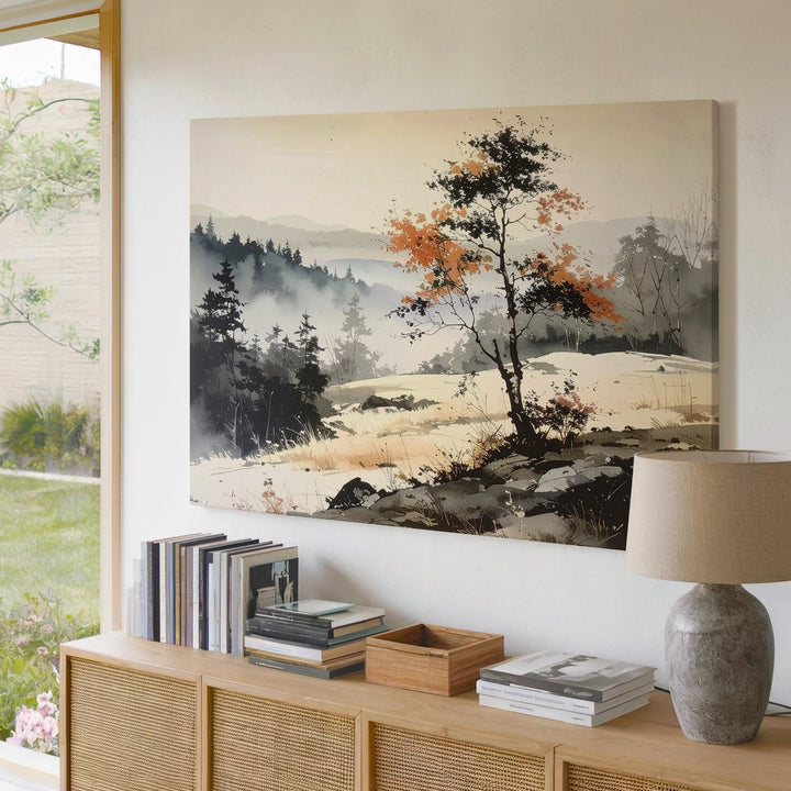 Wabi-Sabi Tree Canvas – Minimalist Ink Landscape with Autumn Foliage - Gifitto