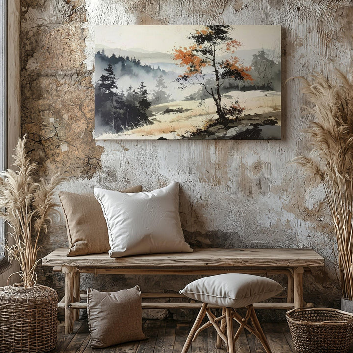 Wabi-Sabi Tree Canvas – Minimalist Ink Landscape with Autumn Foliage - Gifitto