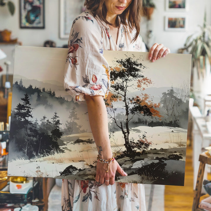 Wabi-Sabi Tree Canvas – Minimalist Ink Landscape with Autumn Foliage - Gifitto