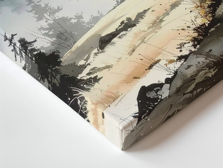 Wabi-Sabi Tree Canvas – Minimalist Ink Landscape with Autumn Foliage - Gifitto