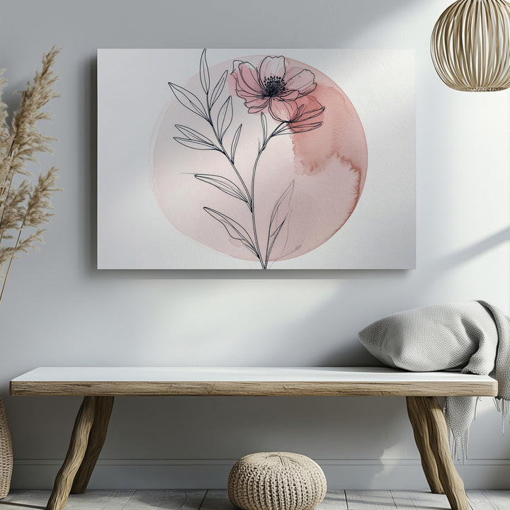 Blush Pink Flower Canvas – Minimalist Botanical Line Art with Watercolor Wash - Gifitto
