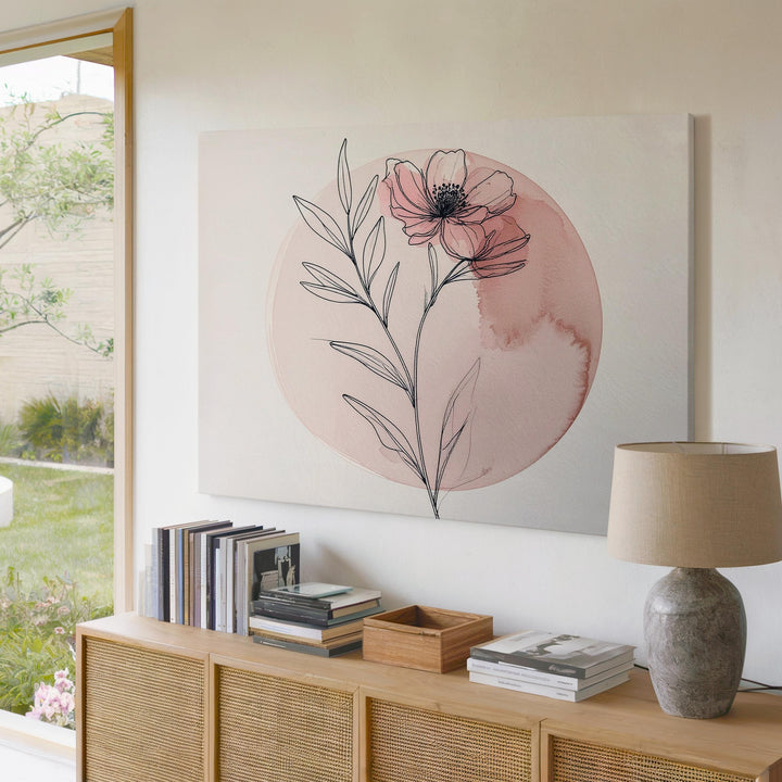 Blush Pink Flower Canvas – Minimalist Botanical Line Art with Watercolor Wash - Gifitto