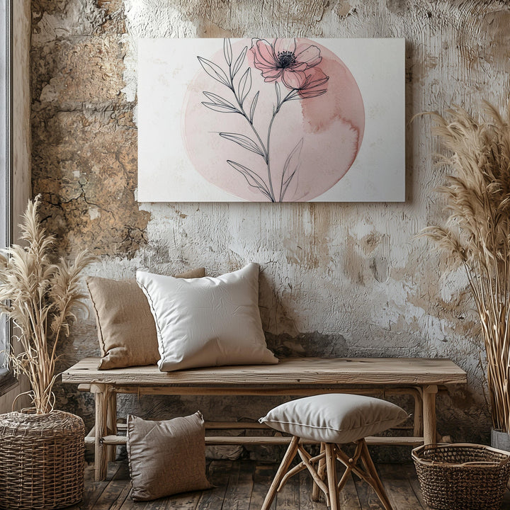 Blush Pink Flower Canvas – Minimalist Botanical Line Art with Watercolor Wash - Gifitto