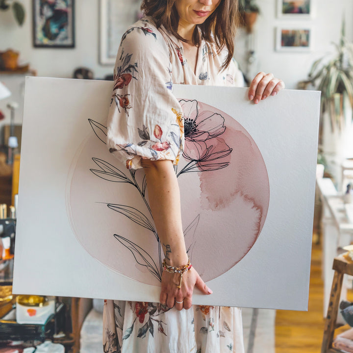 Blush Pink Flower Canvas – Minimalist Botanical Line Art with Watercolor Wash - Gifitto
