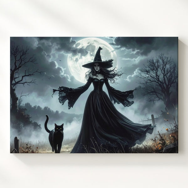 Gothic Witch in Foggy Field Canvas – Mysterious Woman and Black Cat - Gifitto