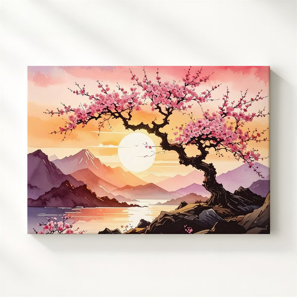 Twilight Sakura Tree Canvas – Stylized Cherry Blossom Landscape with Sunset Mountains - Gifitto