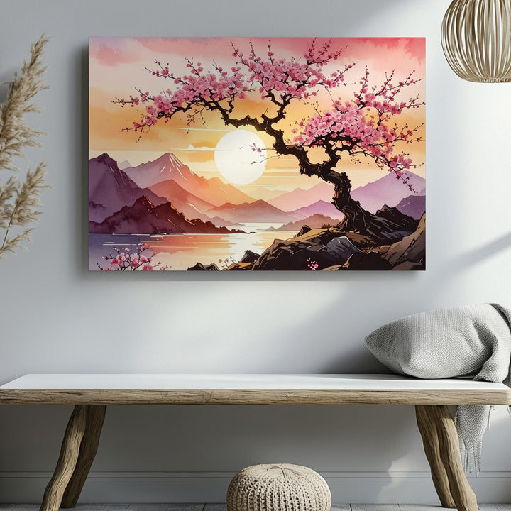 Twilight Sakura Tree Canvas – Stylized Cherry Blossom Landscape with Sunset Mountains - Gifitto