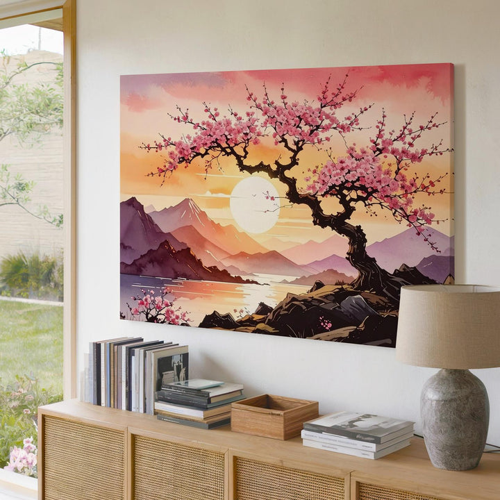 Twilight Sakura Tree Canvas – Stylized Cherry Blossom Landscape with Sunset Mountains - Gifitto