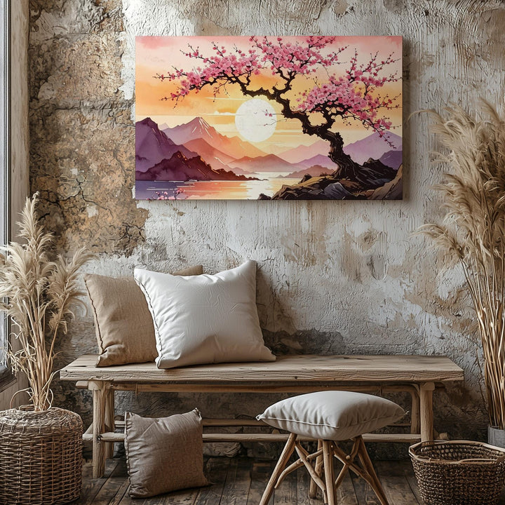 Twilight Sakura Tree Canvas – Stylized Cherry Blossom Landscape with Sunset Mountains - Gifitto