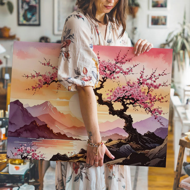 Twilight Sakura Tree Canvas – Stylized Cherry Blossom Landscape with Sunset Mountains - Gifitto
