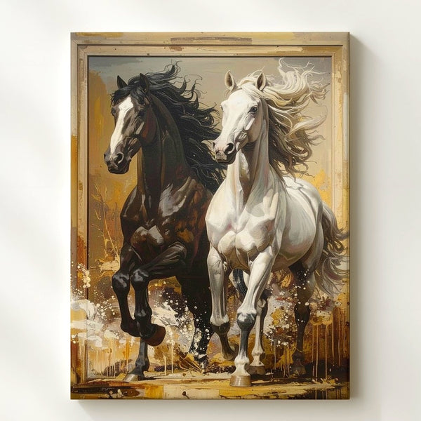 Dynamic Unity Canvas – Black and White Rearing Horses in Abstract Motion - Gifitto