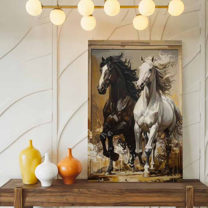 Dynamic Unity Canvas – Black and White Rearing Horses in Abstract Motion - Gifitto