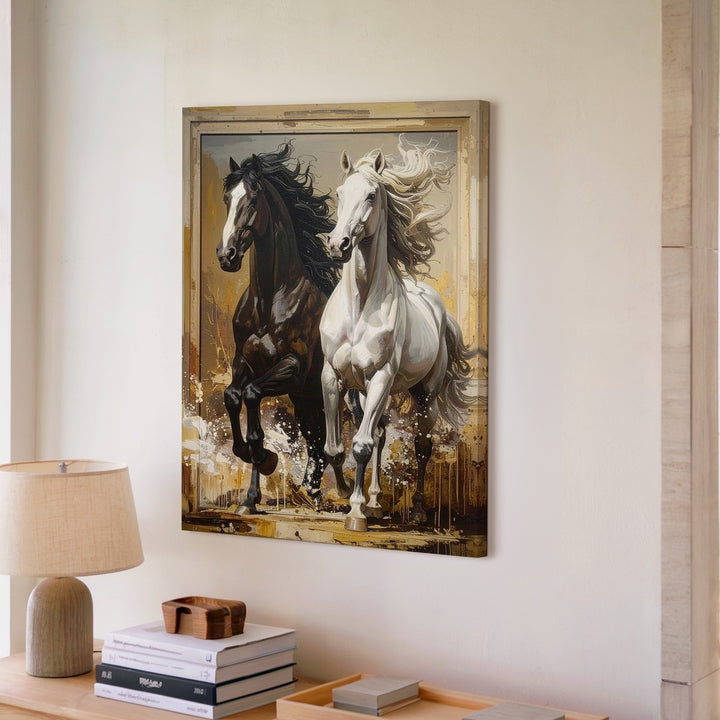 Dynamic Unity Canvas – Black and White Rearing Horses in Abstract Motion - Gifitto