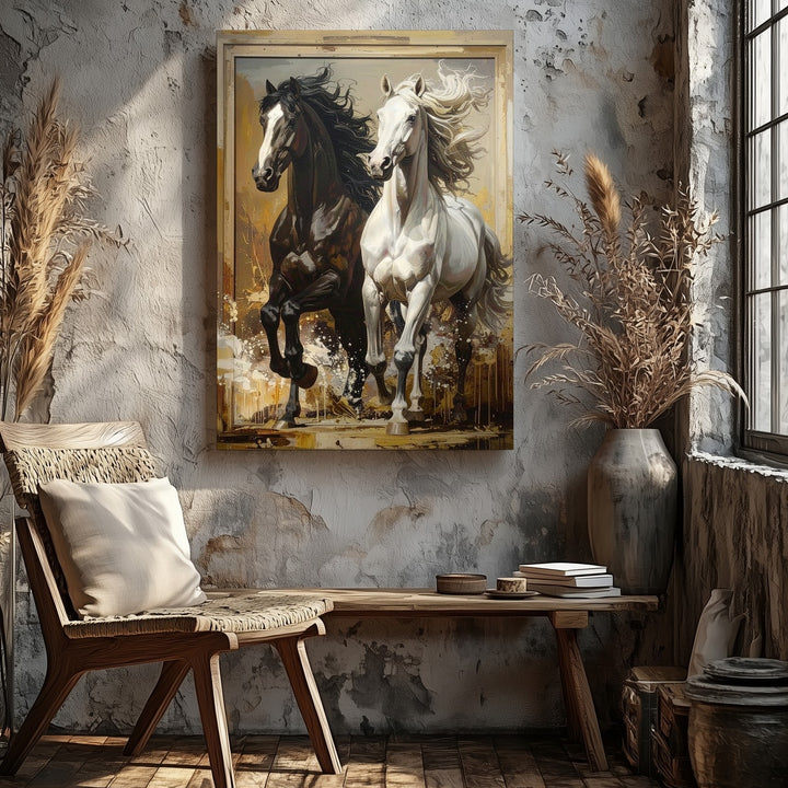 Dynamic Unity Canvas – Black and White Rearing Horses in Abstract Motion - Gifitto