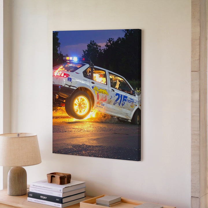 Rally Drift at Night Canvas – Flame-Burst Gravel Racing Wall Art - Gifitto