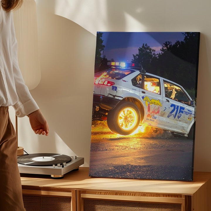Rally Drift at Night Canvas – Flame-Burst Gravel Racing Wall Art - Gifitto