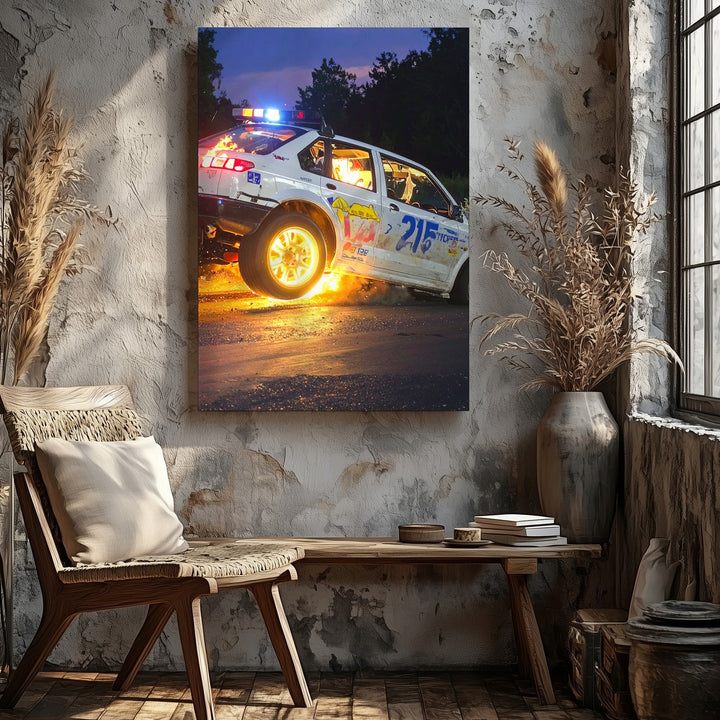 Rally Drift at Night Canvas – Flame-Burst Gravel Racing Wall Art - Gifitto