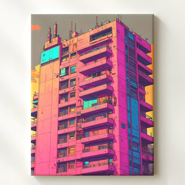 Futuristic Utopia Canvas – Neon High-Rise Building with Vibrant Architecture - Gifitto