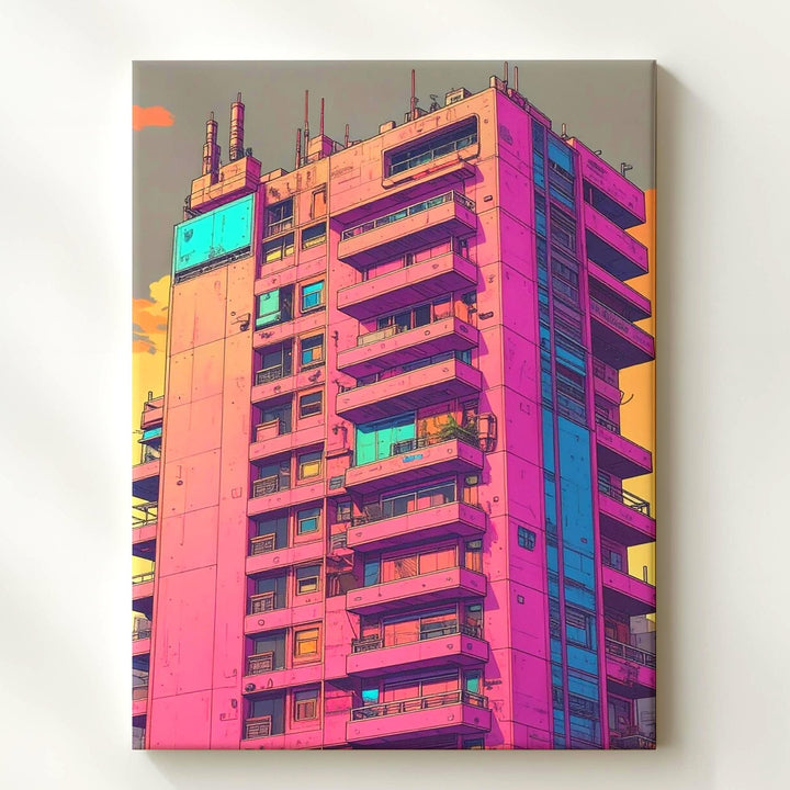 Futuristic Utopia Canvas – Neon High-Rise Building with Vibrant Architecture - Gifitto