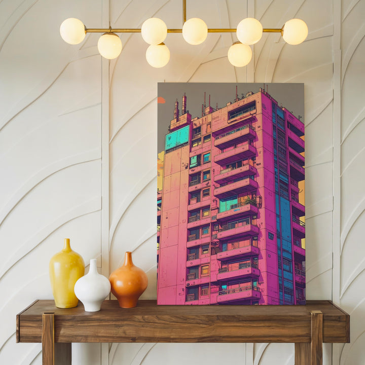 Futuristic Utopia Canvas – Neon High-Rise Building with Vibrant Architecture - Gifitto