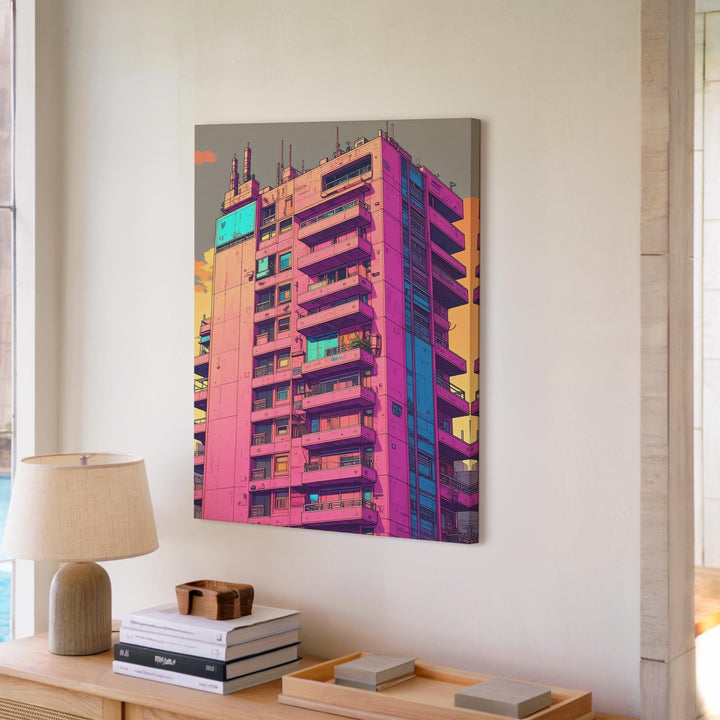 Futuristic Utopia Canvas – Neon High-Rise Building with Vibrant Architecture - Gifitto
