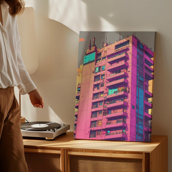 Futuristic Utopia Canvas – Neon High-Rise Building with Vibrant Architecture - Gifitto