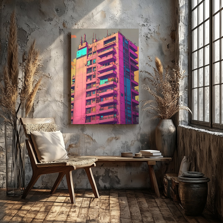 Futuristic Utopia Canvas – Neon High-Rise Building with Vibrant Architecture - Gifitto