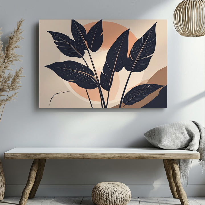 Tropical Leaf Canvas – Modern Navy Silhouettes with Peach Circle - Gifitto