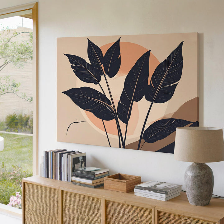 Tropical Leaf Canvas – Modern Navy Silhouettes with Peach Circle - Gifitto