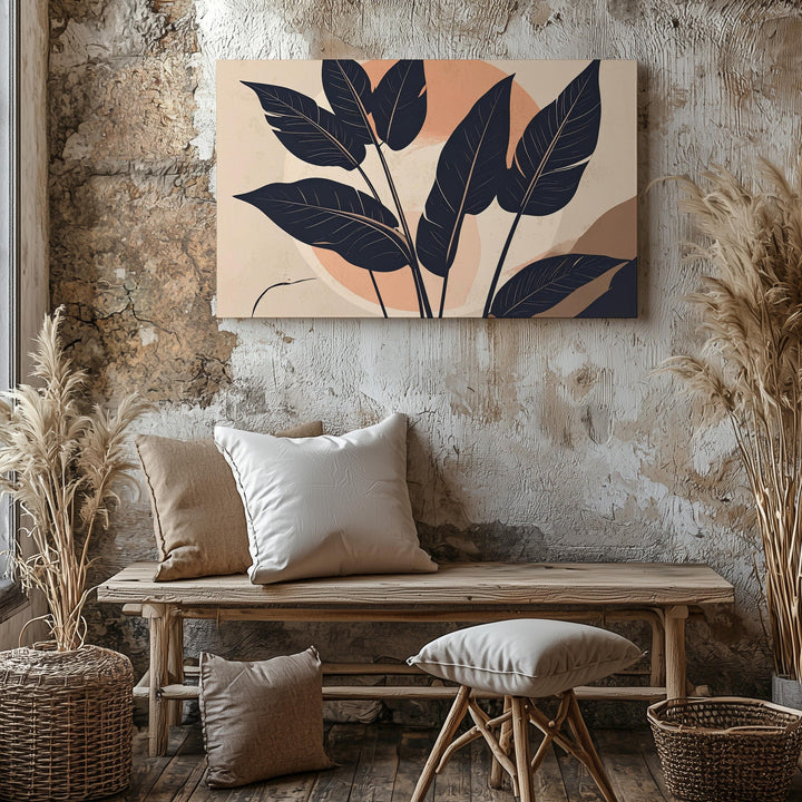 Tropical Leaf Canvas – Modern Navy Silhouettes with Peach Circle - Gifitto