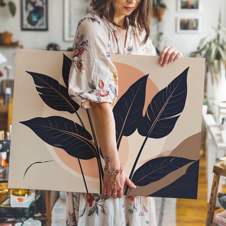 Tropical Leaf Canvas – Modern Navy Silhouettes with Peach Circle - Gifitto