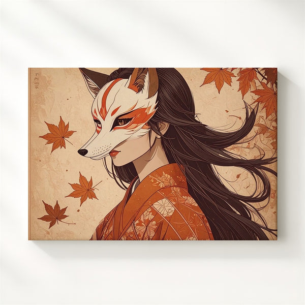 Autumn Kitsune Spirit Canvas – Mystical Japanese Woman in Kimono Wall Art - Gifitto