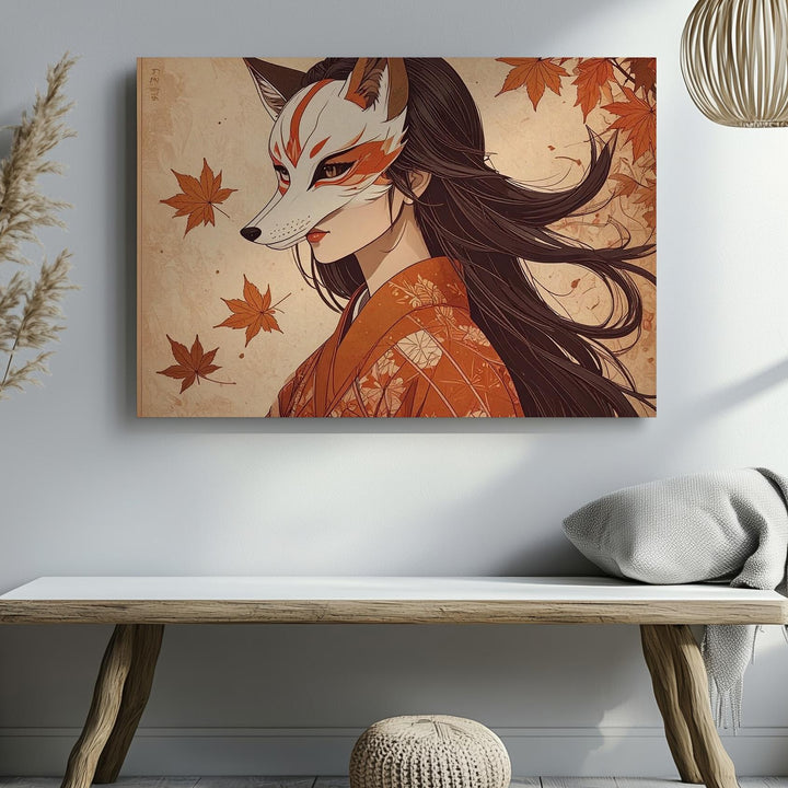 Autumn Kitsune Spirit Canvas – Mystical Japanese Woman in Kimono Wall Art - Gifitto