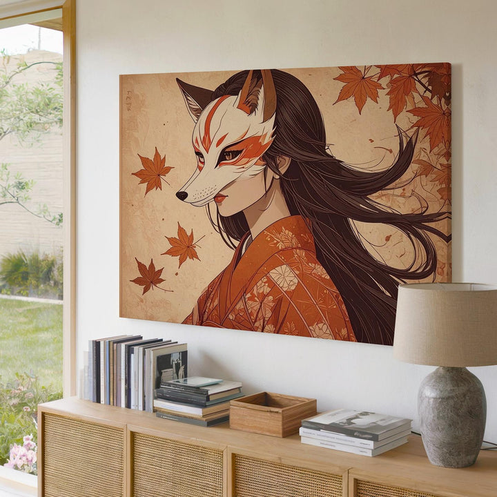 Autumn Kitsune Spirit Canvas – Mystical Japanese Woman in Kimono Wall Art - Gifitto
