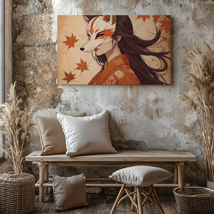 Autumn Kitsune Spirit Canvas – Mystical Japanese Woman in Kimono Wall Art - Gifitto