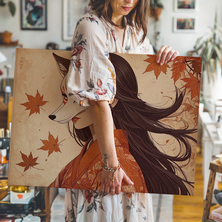 Autumn Kitsune Spirit Canvas – Mystical Japanese Woman in Kimono Wall Art - Gifitto