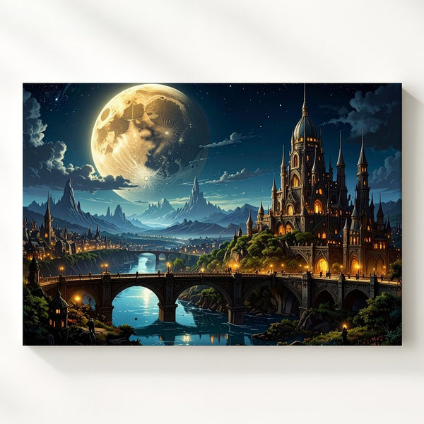 Moonlit Fantasy City Canvas – Gothic and Steampunk Metropolis at Night - Gifitto