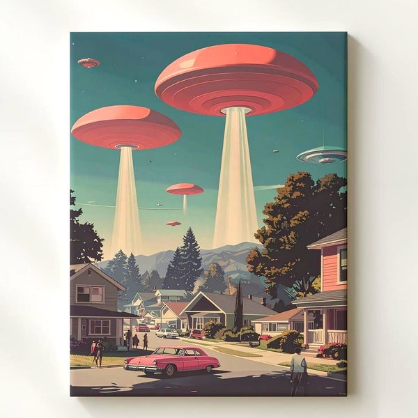 Retro-Futuristic Alien Invasion Canvas – 1950s Sci-Fi Neighborhood Art - Gifitto