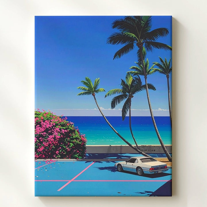 Minimalist White Sports Car Canvas – Retro Neon Tropical Escape Wall Art - Gifitto