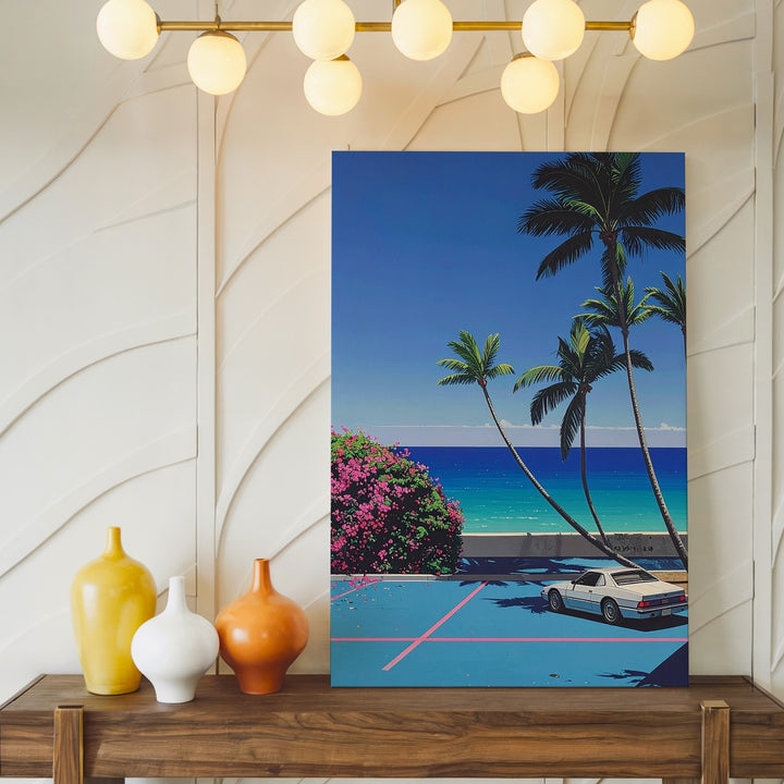 Minimalist White Sports Car Canvas – Retro Neon Tropical Escape Wall Art - Gifitto
