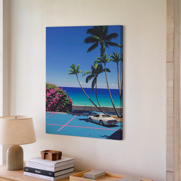 Minimalist White Sports Car Canvas – Retro Neon Tropical Escape Wall Art - Gifitto