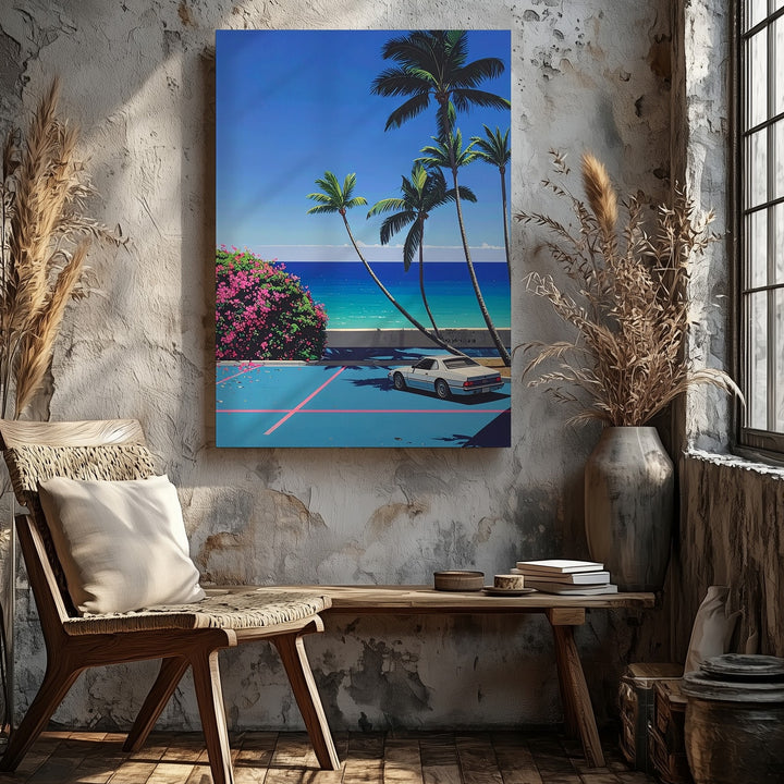 Minimalist White Sports Car Canvas – Retro Neon Tropical Escape Wall Art - Gifitto