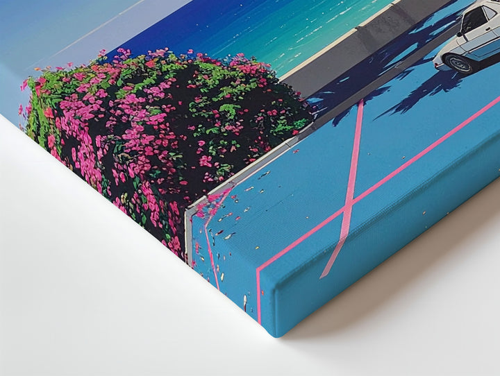 Minimalist White Sports Car Canvas – Retro Neon Tropical Escape Wall Art - Gifitto