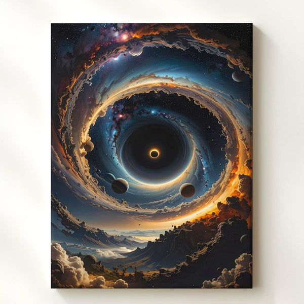 Cosmic Vortex Canvas – Black Hole with Orbiting Planets and Nebulae - Gifitto