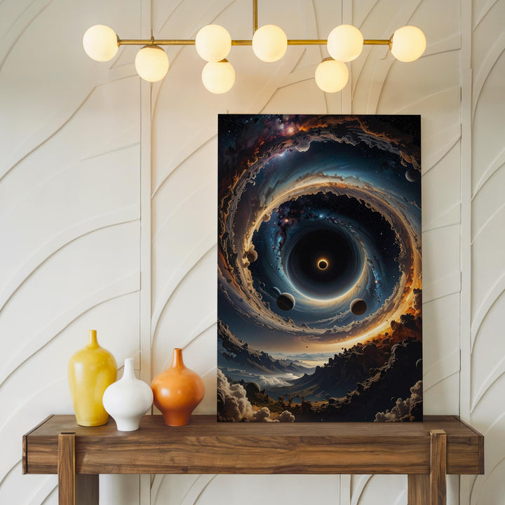 Cosmic Vortex Canvas – Black Hole with Orbiting Planets and Nebulae - Gifitto