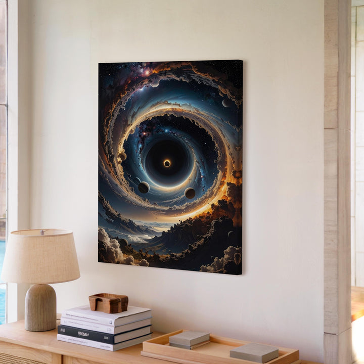 Cosmic Vortex Canvas – Black Hole with Orbiting Planets and Nebulae - Gifitto