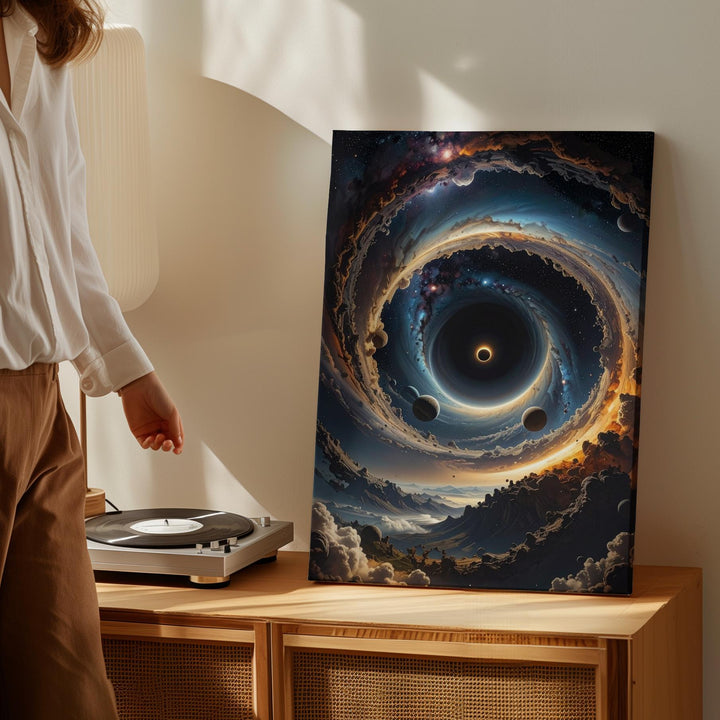 Cosmic Vortex Canvas – Black Hole with Orbiting Planets and Nebulae - Gifitto
