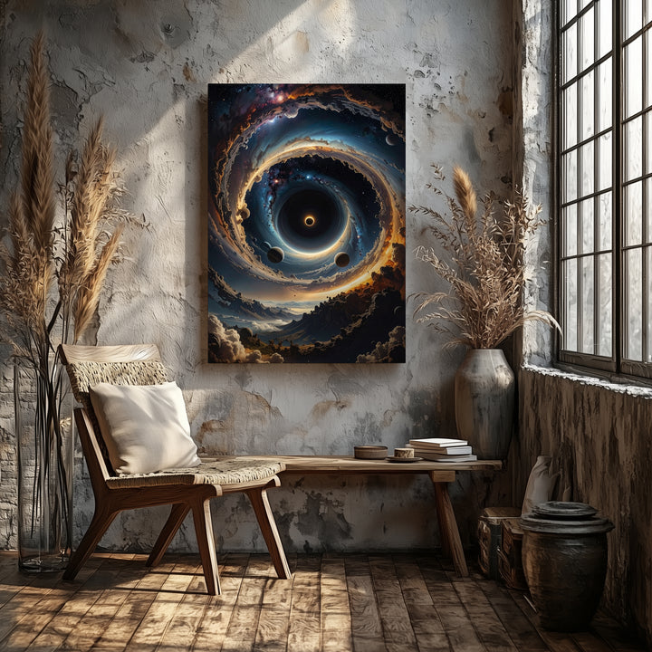 Cosmic Vortex Canvas – Black Hole with Orbiting Planets and Nebulae - Gifitto