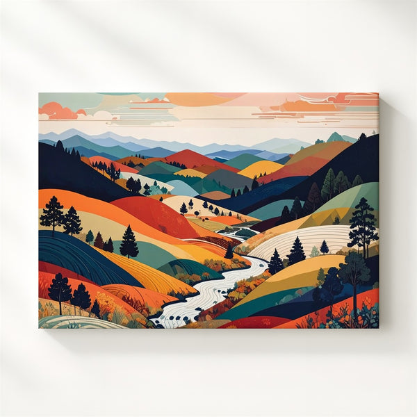 Whimsical Autumn Hills Canvas – Colorful Japanese Nature-Inspired Wall Art - Gifitto